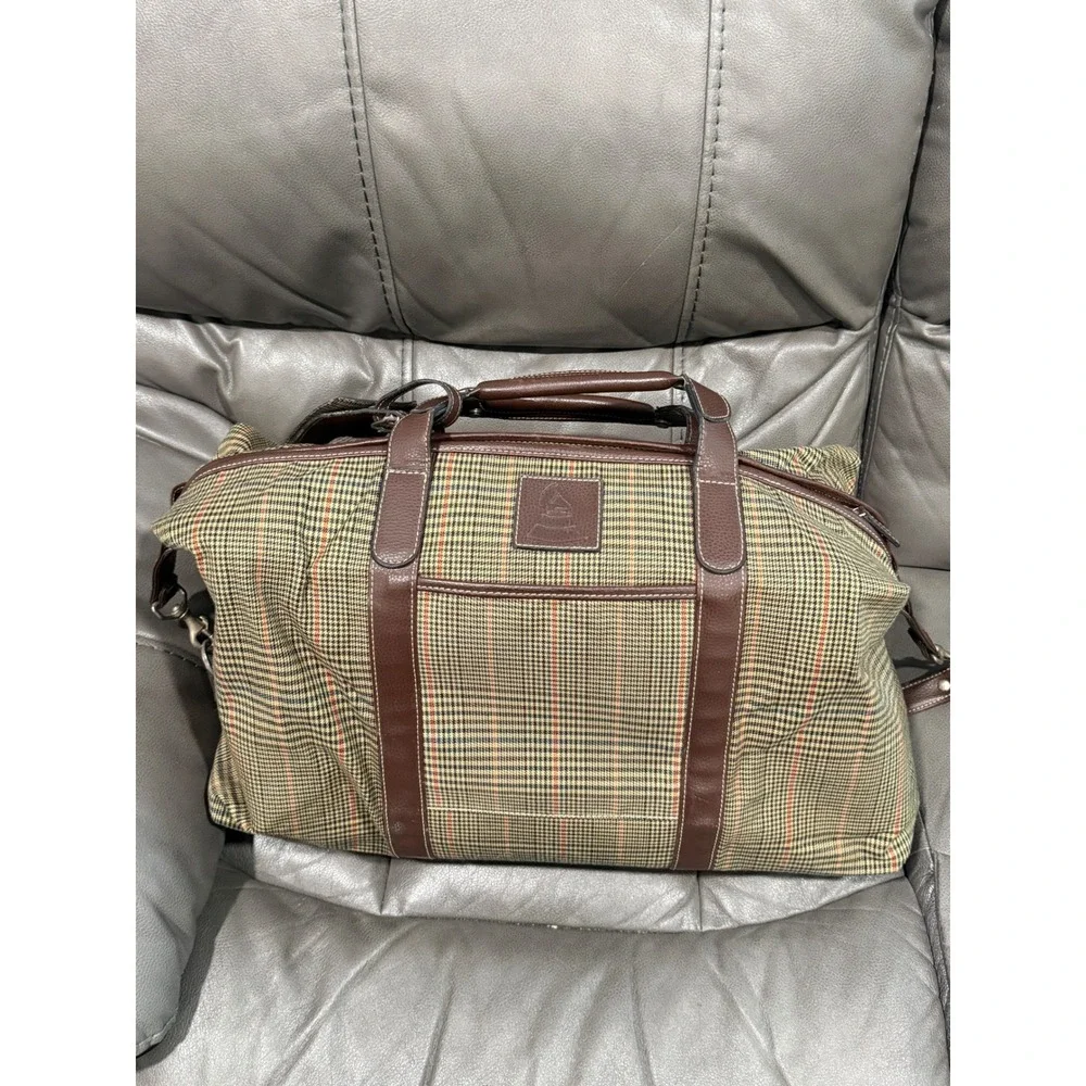 Barrington Plaid Grammy Awards Duffel Bag Brown Leather Trim Travel Weekender